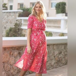 Seraphine Women's 8 Raspberry Sanna Maternity Nursing Midi Dress Viscose Floral